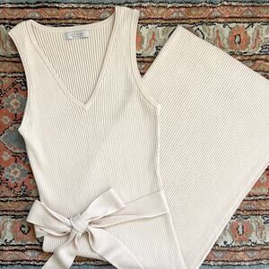 Active USA Neutral Beige Rib Knit Bodycon Belted V-Neck Sleeveless Midi Dress